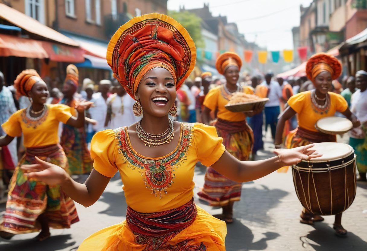 A vibrant street festival scene showcasing diverse African cultural festivities, with colorful traditional attire, joyful dancers, and communal food stalls. Include elements such as drummers, children playing, and decorative banners celebrating heritage. The background should reflect an open and festive community atmosphere, filled with laughter and unity. Bright colors, dynamic movement, and a sense of celebration should dominate the image. super-realistic. vibrant colors.