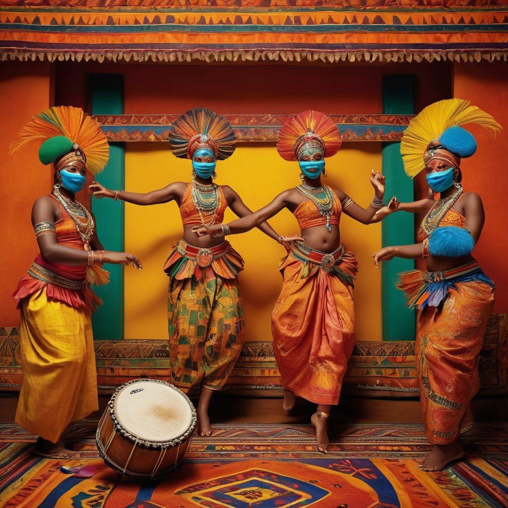 A vibrant celebration scene depicting diverse African heritage festivals with colorful traditional clothing, joyful dancers, and intricate masks. Include elements like drums, tribal patterns, and festive decorations that symbolize unity and cultural richness. The background should reflect a lively atmosphere filled with warm, inviting colors. super-realistic. vibrant colors. decorative borders.