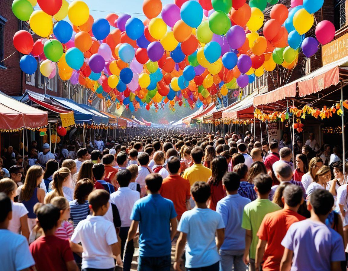 A lively street festival scene, filled with diverse people celebrating in colorful attire. Balloons and streamers fill the air, while food stalls and games create a vibrant atmosphere. A local band plays music, and children laugh and dance, showcasing the community spirit. Warm sunlight bathes the scene, enhancing the joyful mood. bright colors. super-realistic. 3D.